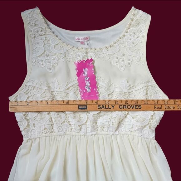 VINTAGE Mini Dress Chiffon Lace Pearls Ivory Bridal or Cocktail Party Size Large - Picture 7 of 15
